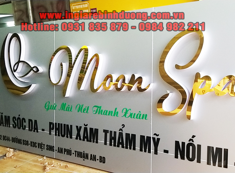 Thi công bảng hiệu alu, chữ alu vàng đồng cho Spa tại Bình Dương